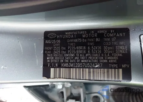 2007 Hyundai Tucson Gls z USA, uszkodzony, nr VIN KM8JM12B57U524787